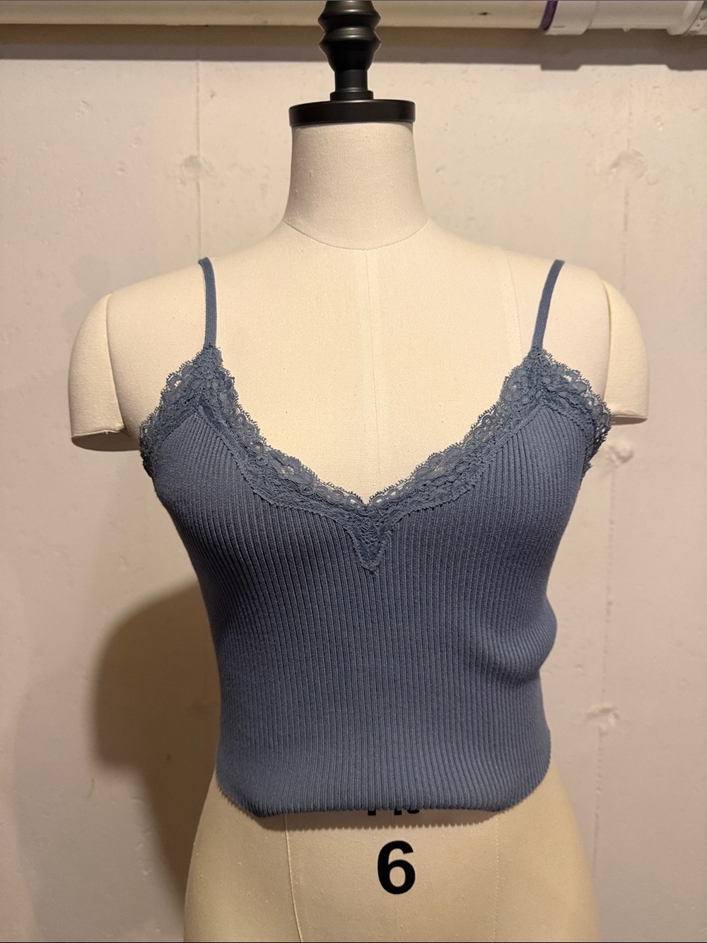 Ribbed Lace-Trim V-Neck Cami Tank - Dusty Blue